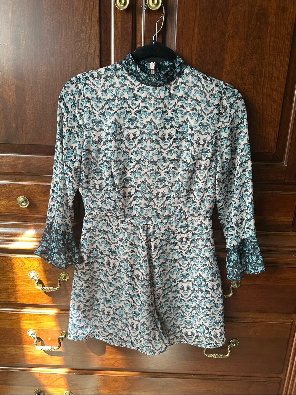 Topshop Teal and White Floral High-Neck Romper with Ruffle Cuffs Size US 4